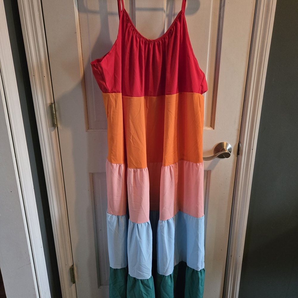 SHEIN Colorblock Tiered Maxi Dress in Red, Orange, Pink, Blue, Green - Picture 2 of 7